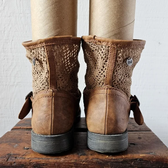 Slouchy moto boot - leather & crochet, Cognac, Women's size 9. - Picture 7 of 10
